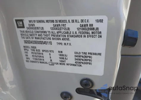 2003 Buick Rendezvous Cxl from USA, damaged, VIN 3G5DA03E93S545110